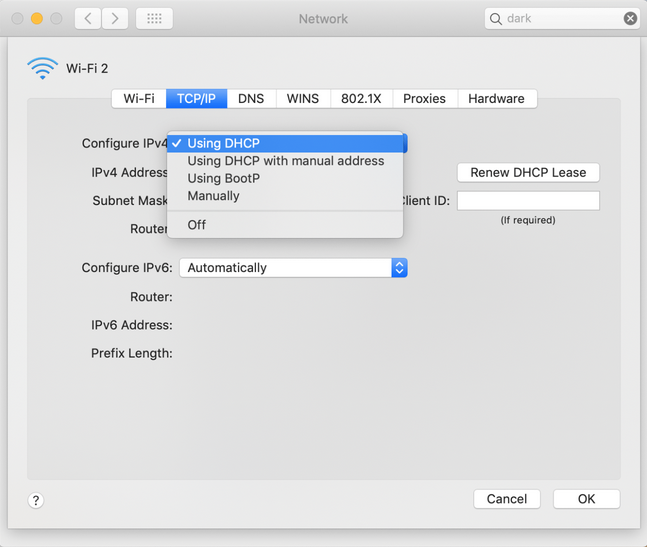 MacOS network adapter settings on the TCP/IP tab