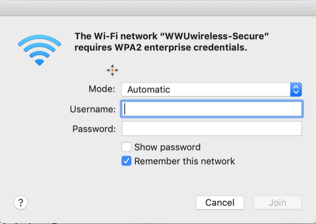 Security prompt asking for user's WWU Universal ID and password