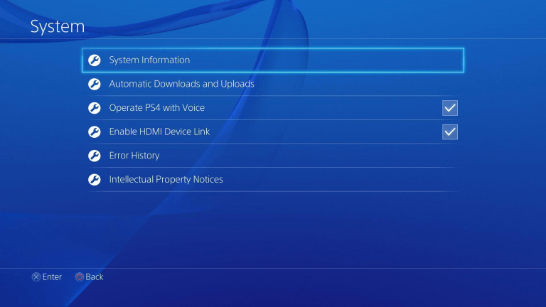 PlayStation 4 system settings app with "System Information" highlighted