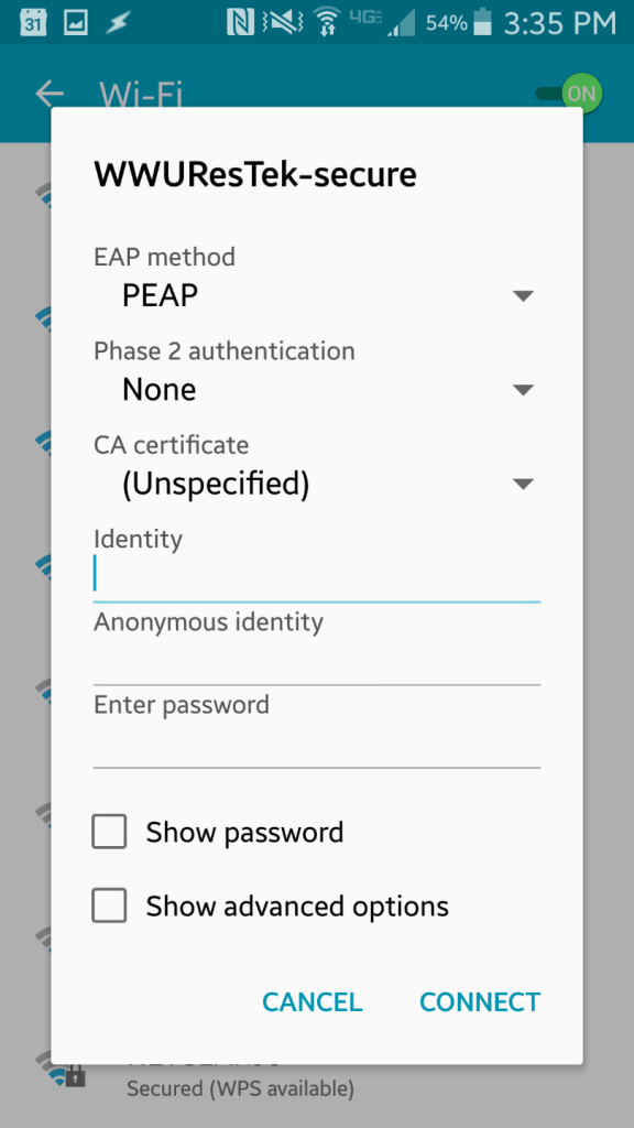 Screenshot of pop-up menu to put in your universal ID and password in "identity" and "password" fields.