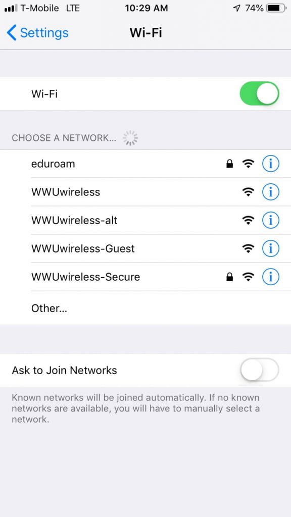 Wifi menu with network options