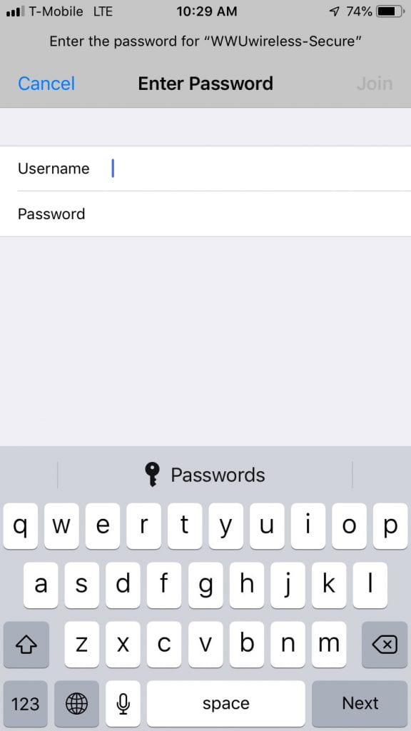 Screenshot of iphone wifi menu to enter in username and password.