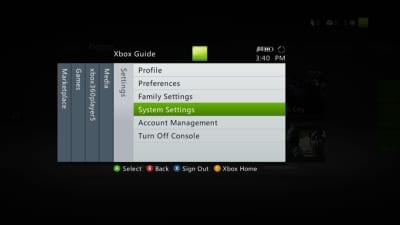 Screenshot of settings tab on xbox dashboard with system settings highlighted.