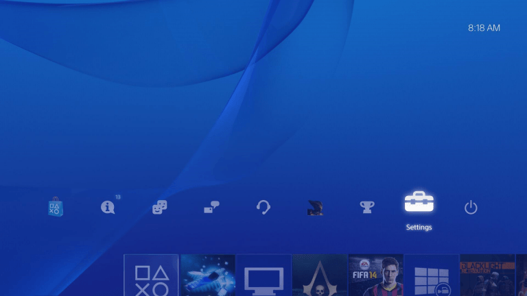 PS4 homepage screencap with highlighted settings icon.