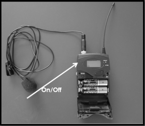 Picture of Microphone system showing where the power switch is located