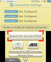 Search for an Access Point is highlighted in the 3ds screenshot