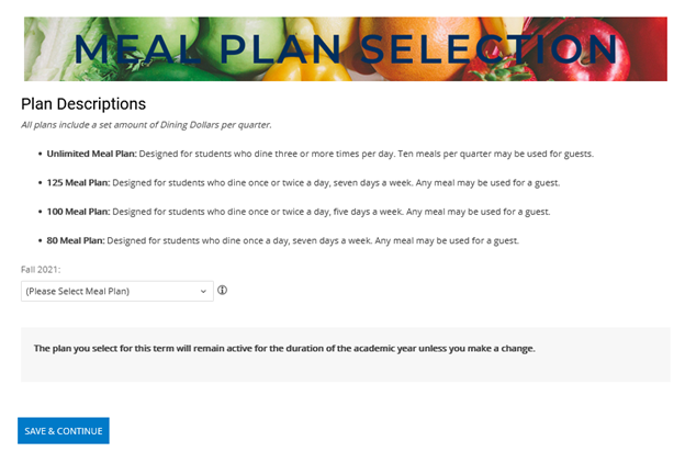 Screenshot of the meal plan selection screen in MyHousing