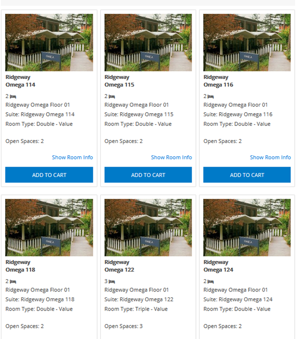 Screenshot of search results of rooms with open spaces