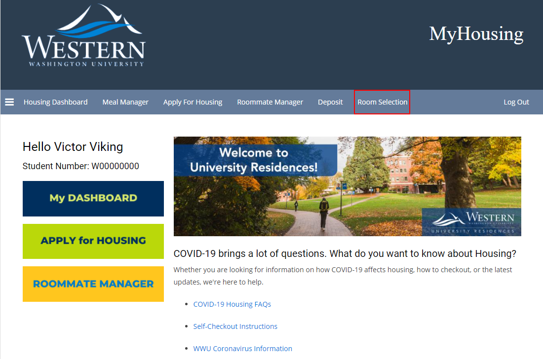 Screenshot of the MyHousing portal with the Room Selection tab emphasized