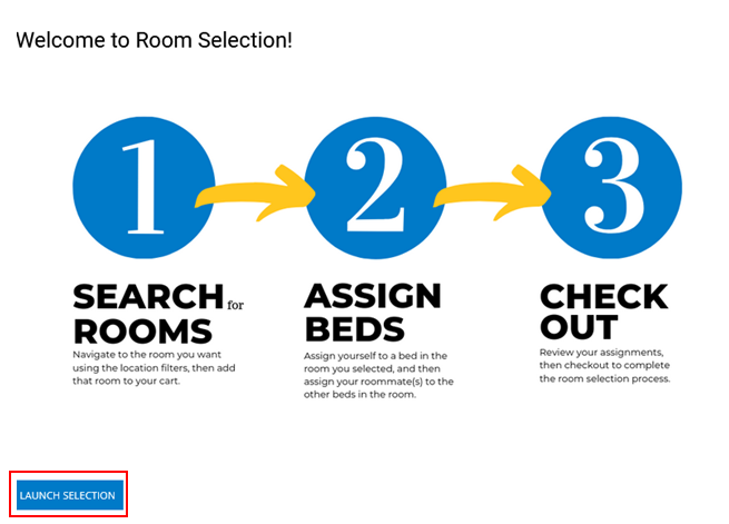 Screenshot of the room selection landing page with the "Launch Selection" button highlighted