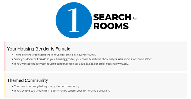 Screenshot of the beginning of the search for rooms process, displaying housing gender and themed community membership