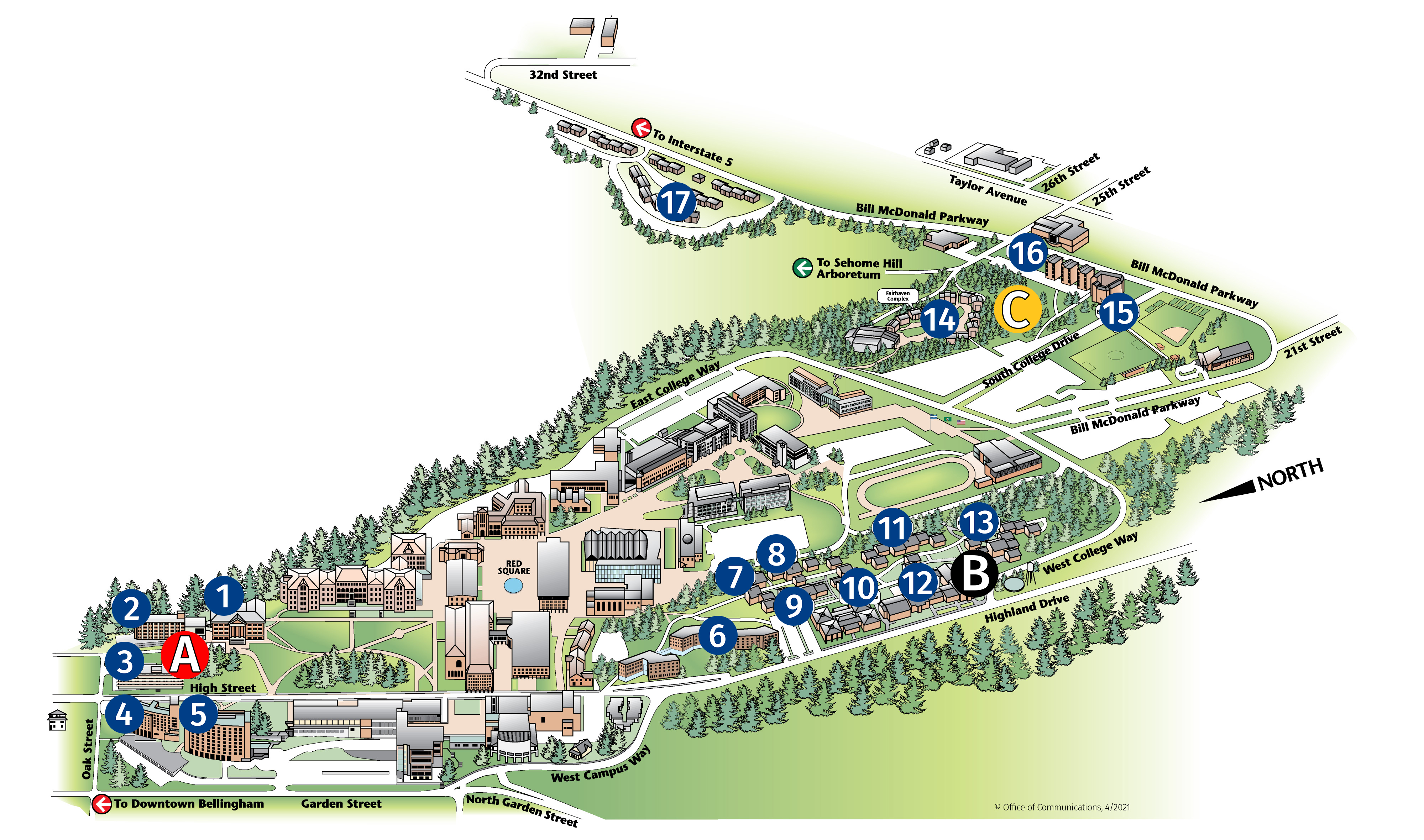 A colorful bird's eye view map of the three campus neighborhoods: North Campus, Ridgeway, and South Campus
