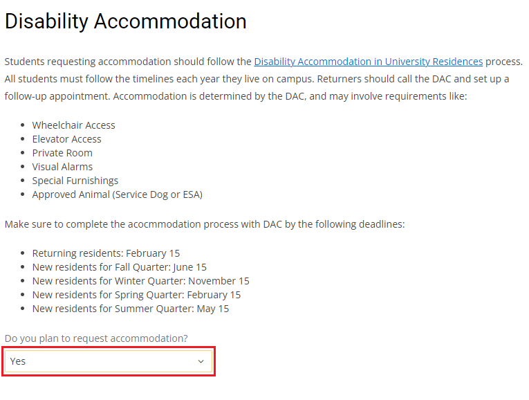 The Disability Accommodation section in the Housing Application