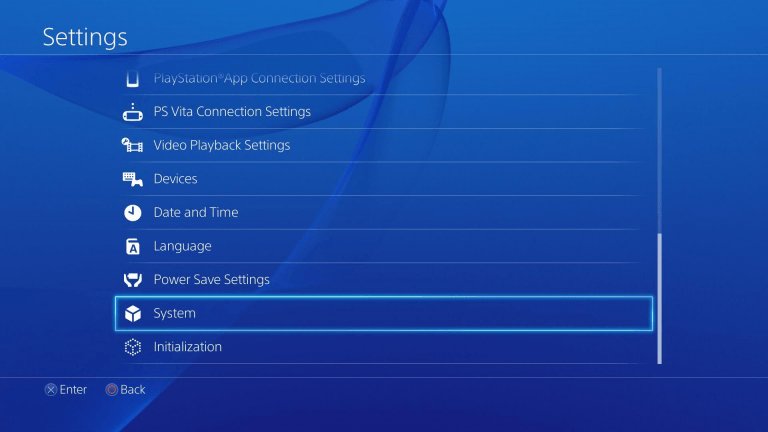 PlayStation 4 Settings App with "System" highlighted