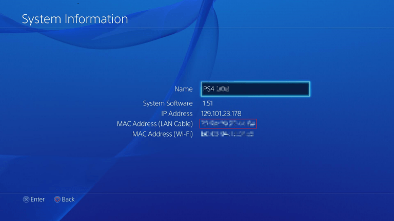 PlayStation 4 system information page with MAC addresses shown