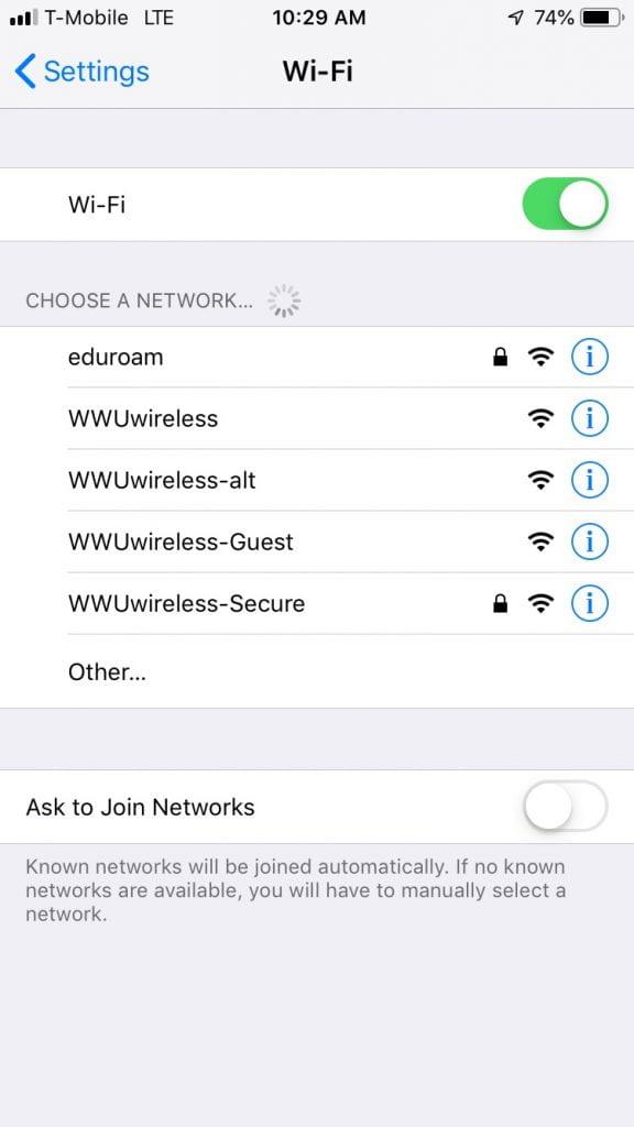 List of available networks in iOS Wi-Fi settings