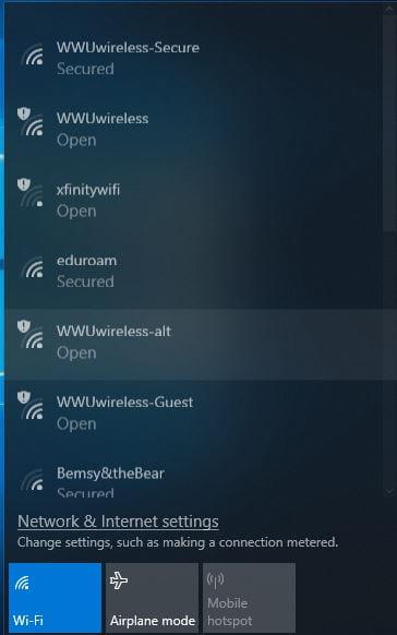 Quick Wi-Fi settings showing list of available networks including "WWUwireless-Secure"