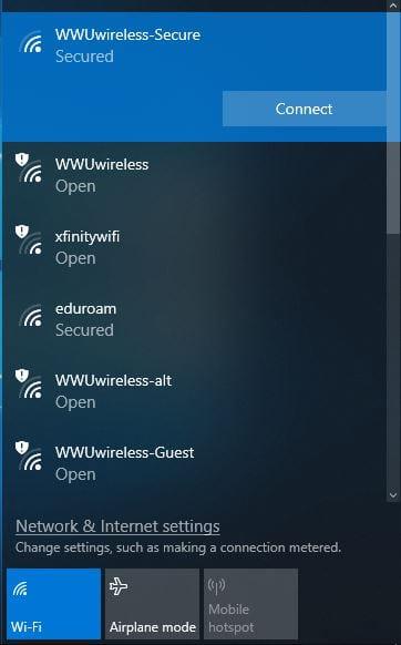 The "WWUwireless-Secure" network is selected and shows a "Connect" prompt