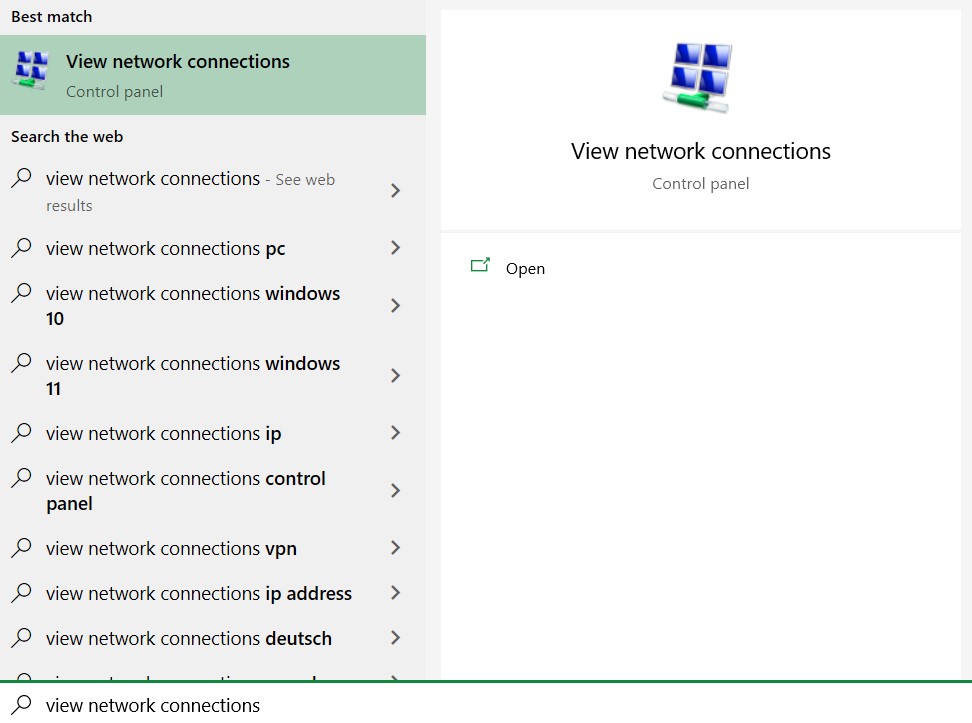 Windows search bar showing the "View network connections" app
