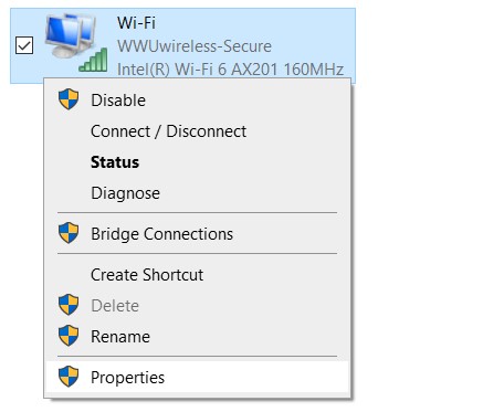 Wi-Fi/Local area connection adapter with a drop-down configuration menu