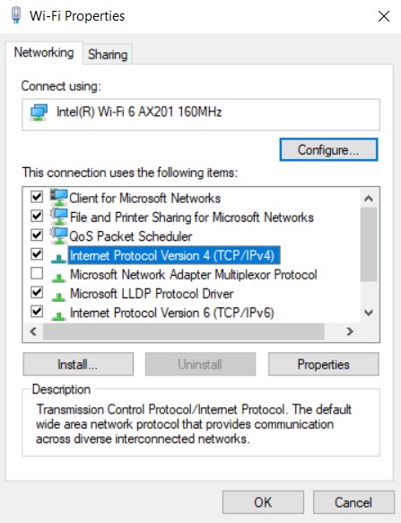 Wi-Fi Properties with "Internet Protocol Version 4" item highlighted