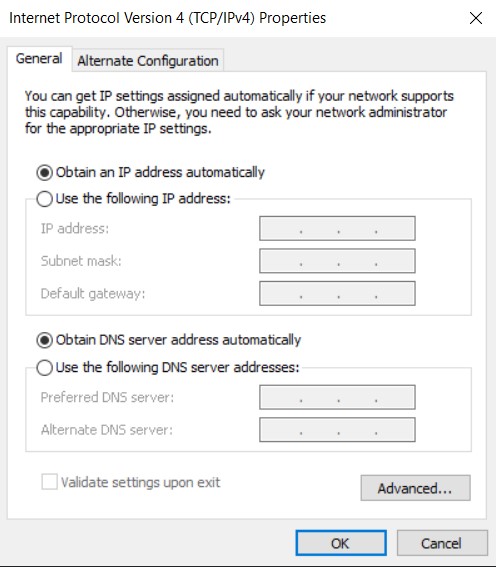 Internet Protocol V4 Properties with "Obtain IP address automatically" and "Obtain DNS server address automatically" settings selected
