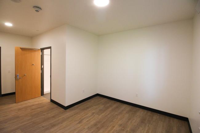 Well lit student room with wooden vinyl flooring