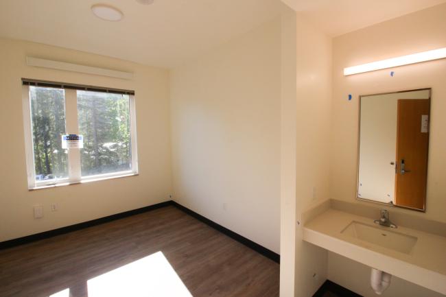 Student room with sink and vanity