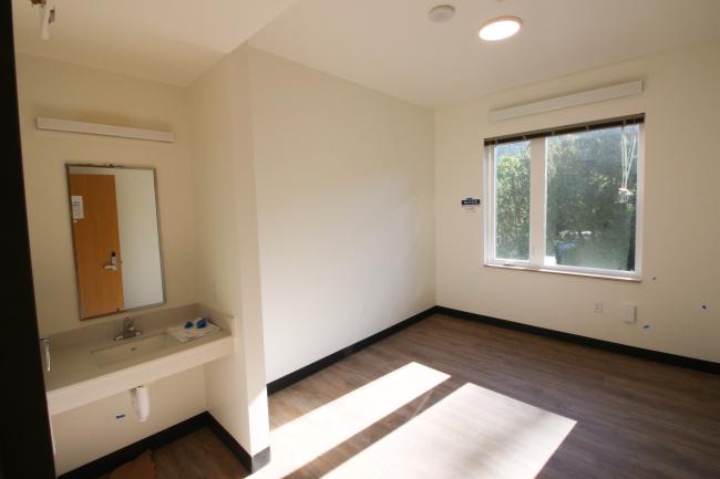 Bright student room with sink/vanity and wood vinyl flooring