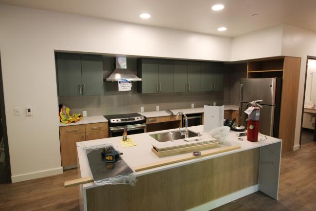 Kitchen area with green backsplash
