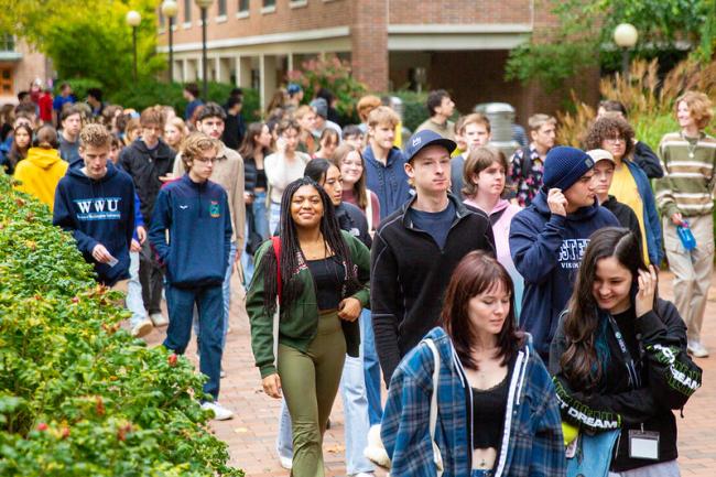 New students walking around campus
