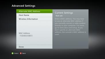 MAC address of Xbox 360 is shown in screenshot.