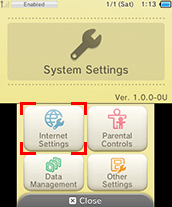 3DS system settings with internet settings highlighted
