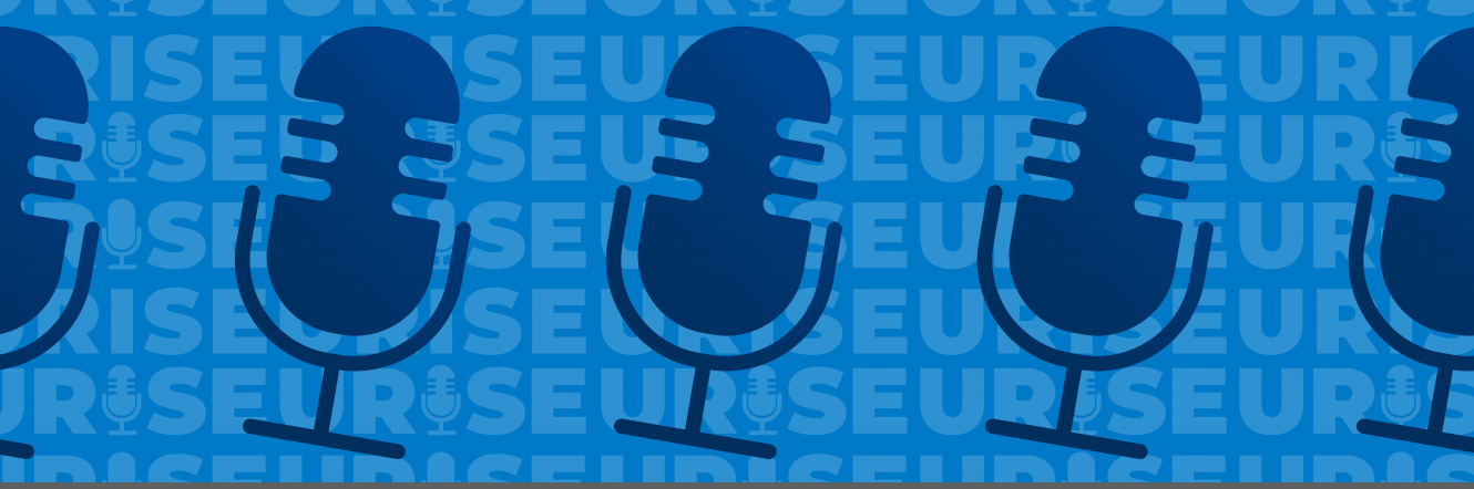 A graphic illustration of microphones overlaying a background that says "URISE"