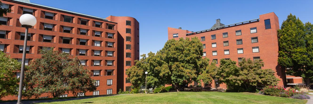 An exterior shot of Mathes Hall and Nash Hall in the sun