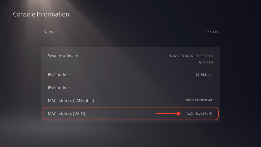 PlayStation 5 console information screen with MAC addresses