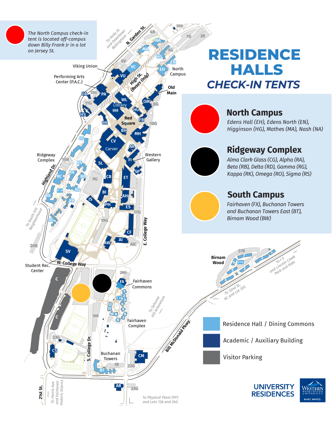 Campus map with marked check-in areas